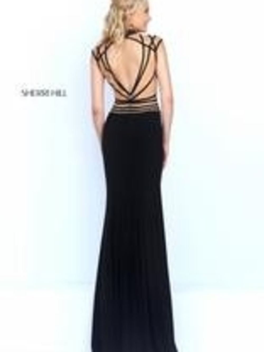 Sherri Hill Black Sheer-Illusion Column Gown - Picture 2 of 6